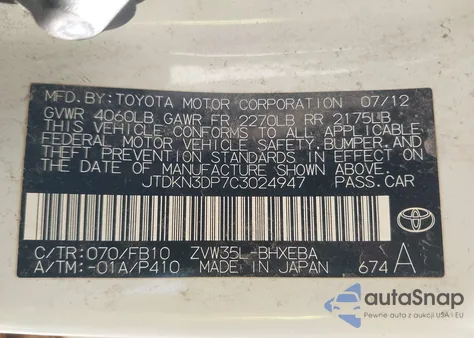 2012 Toyota Prius Plug-In z USA, uszkodzony, nr VIN JTDKN3DP7C3024947